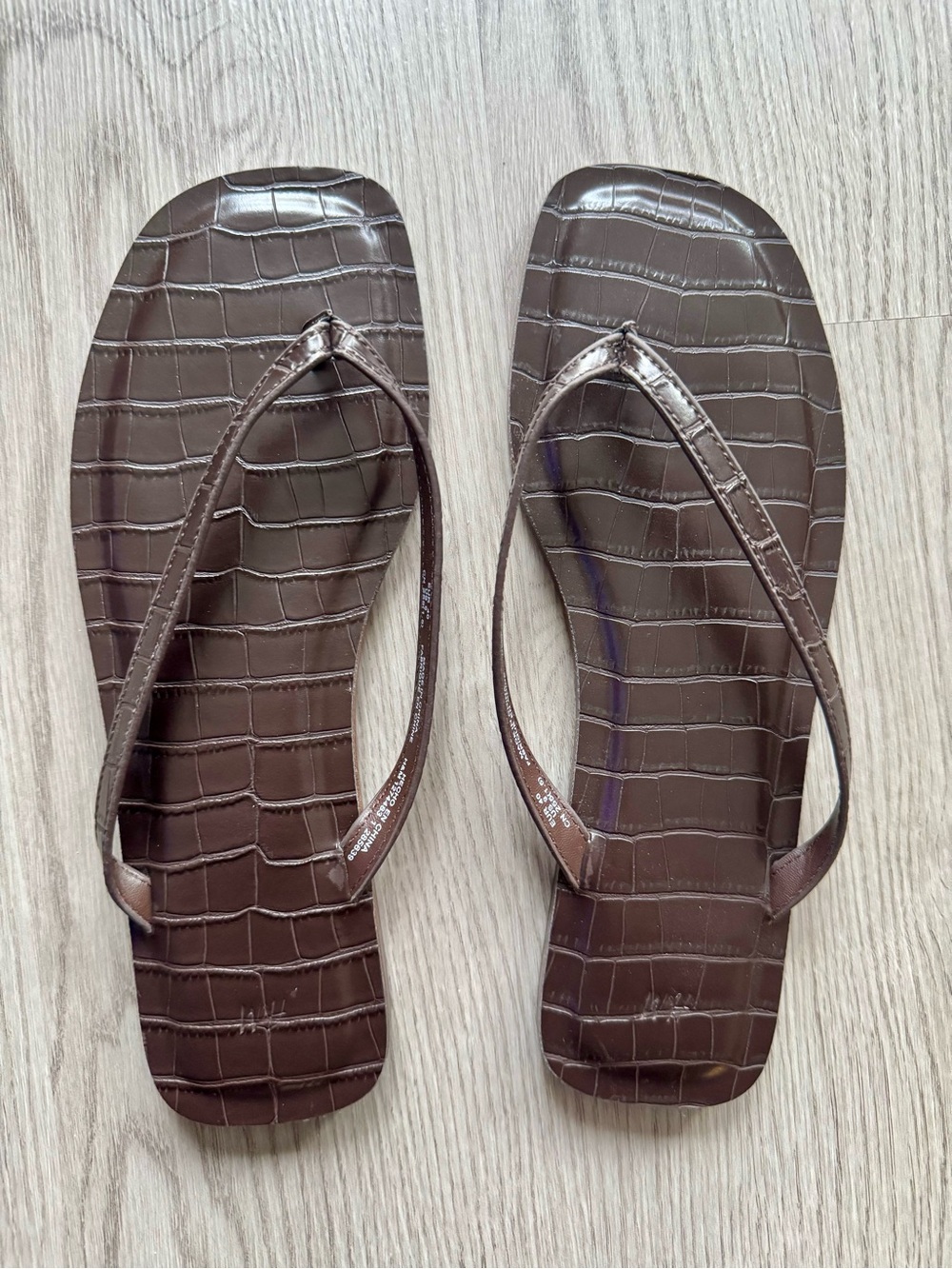 Brown Croc-Embossed Thong Sandals - Women